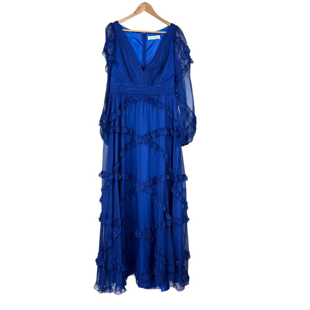 Mac Duggal NWT V Neck Cascade Ruffle Tiered Puff Sleeve Gown Sapphire Size 12 - Picture 3 of 10